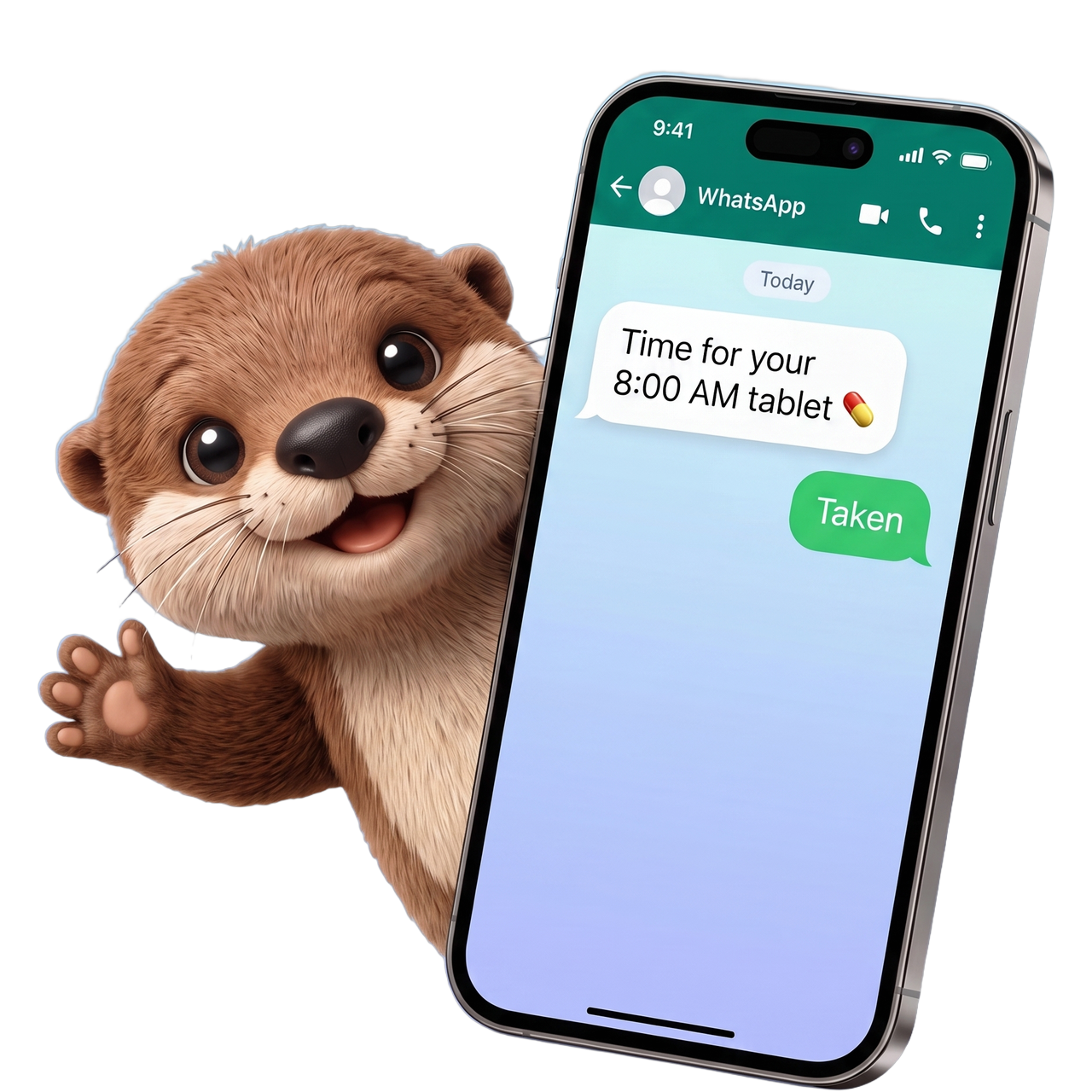 Pillo the otter beside a phone showing a WhatsApp medicine reminder that reads "Time for your 8:00 AM tablet"