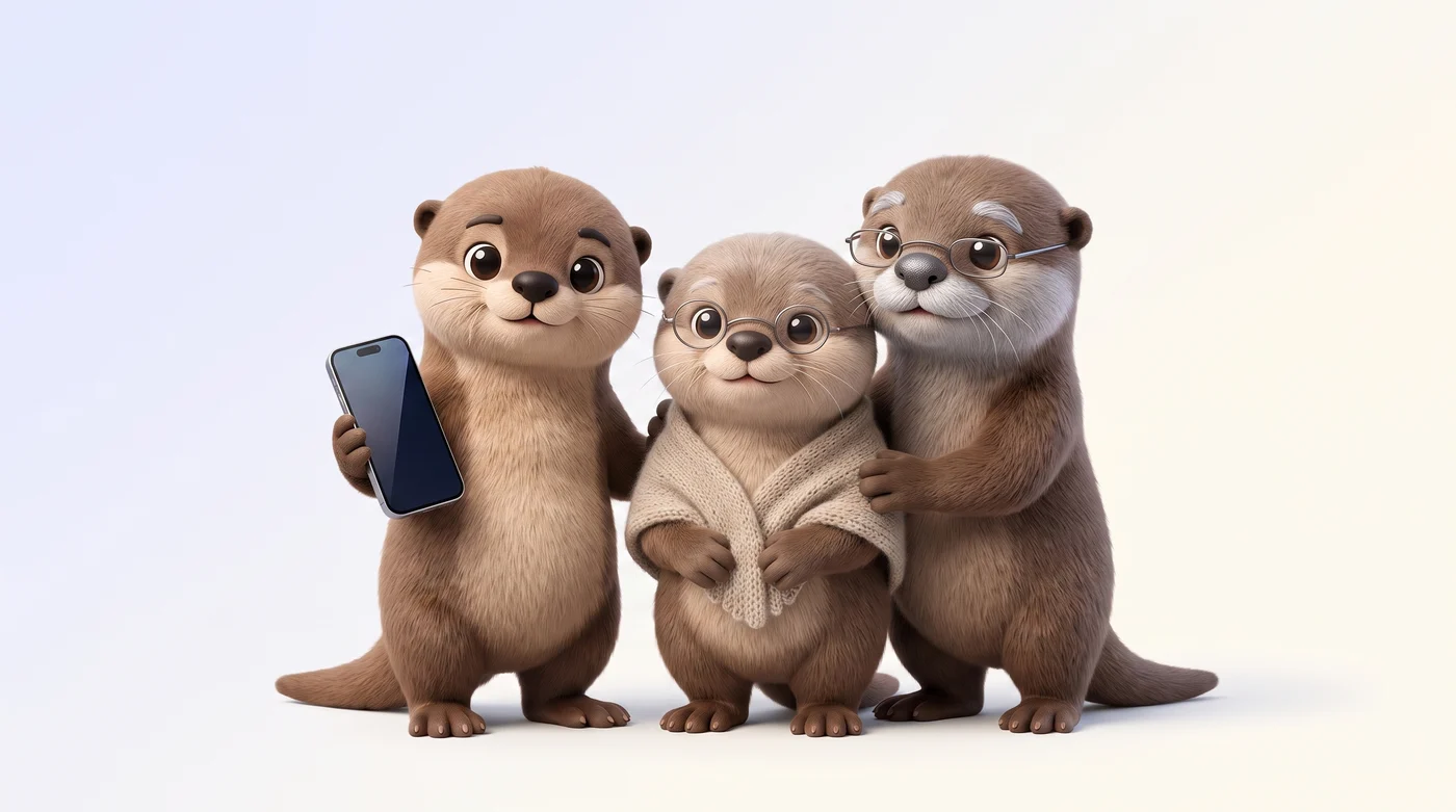 Pillo the otter holding a phone beside an elderly otter couple in glasses, the grandmother wearing a knitted shawl