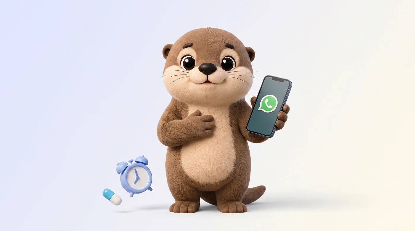Pillo the otter with a paw on his own chest, holding a phone showing the WhatsApp logo, beside a floating alarm clock and pill capsule