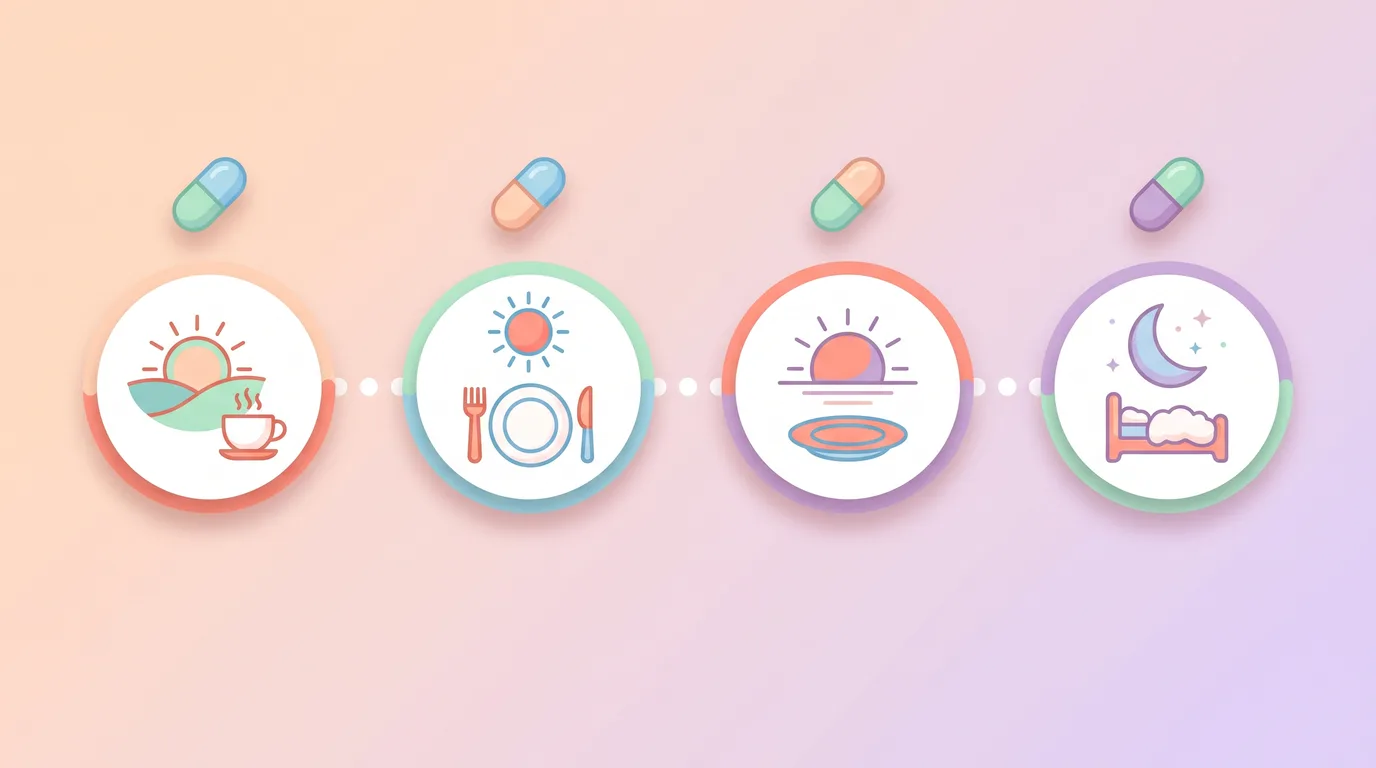 Daily routine anchors for medication: morning tea, midday meal, evening meal, and bedtime
