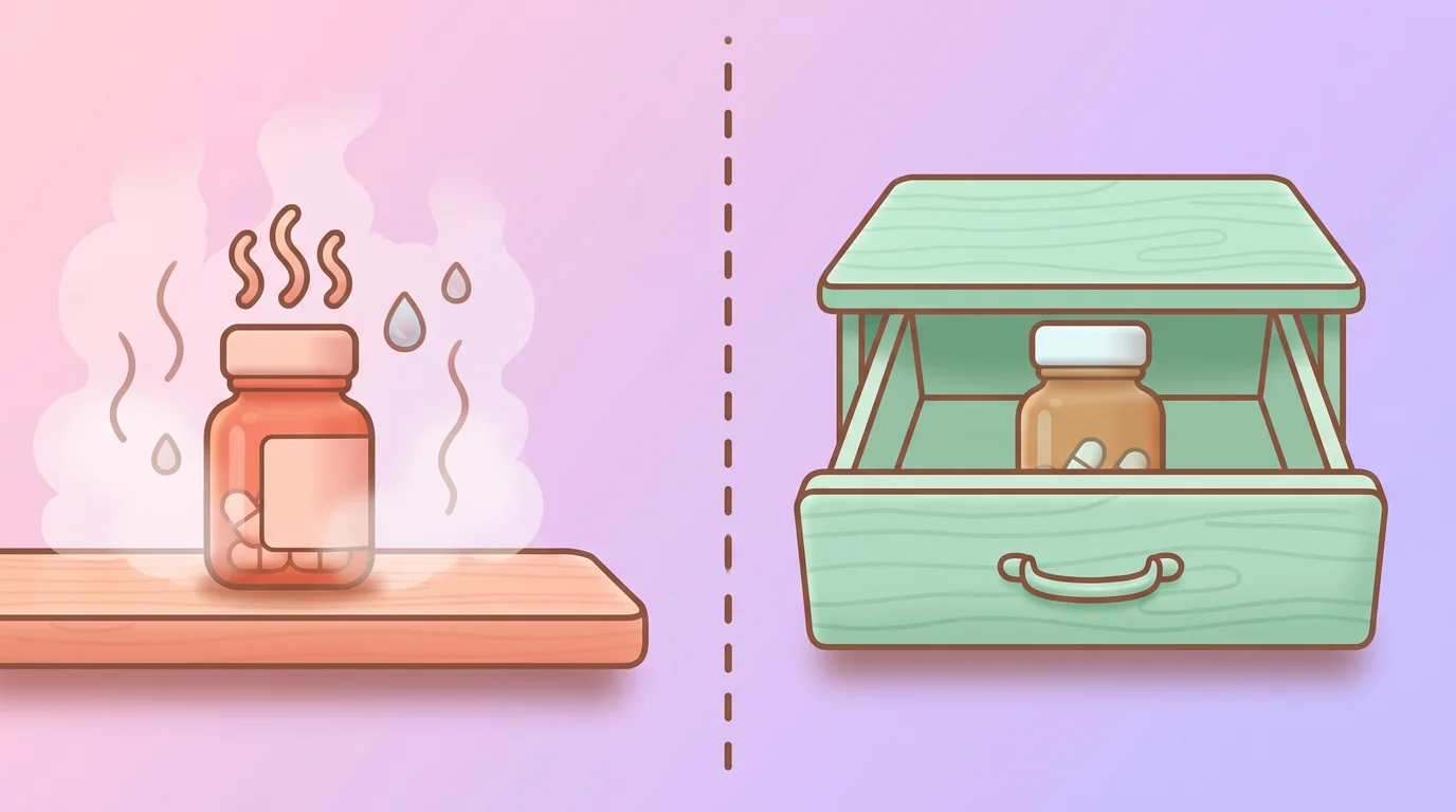 Comparison of medicine stored in a humid bathroom versus a cool dry drawer