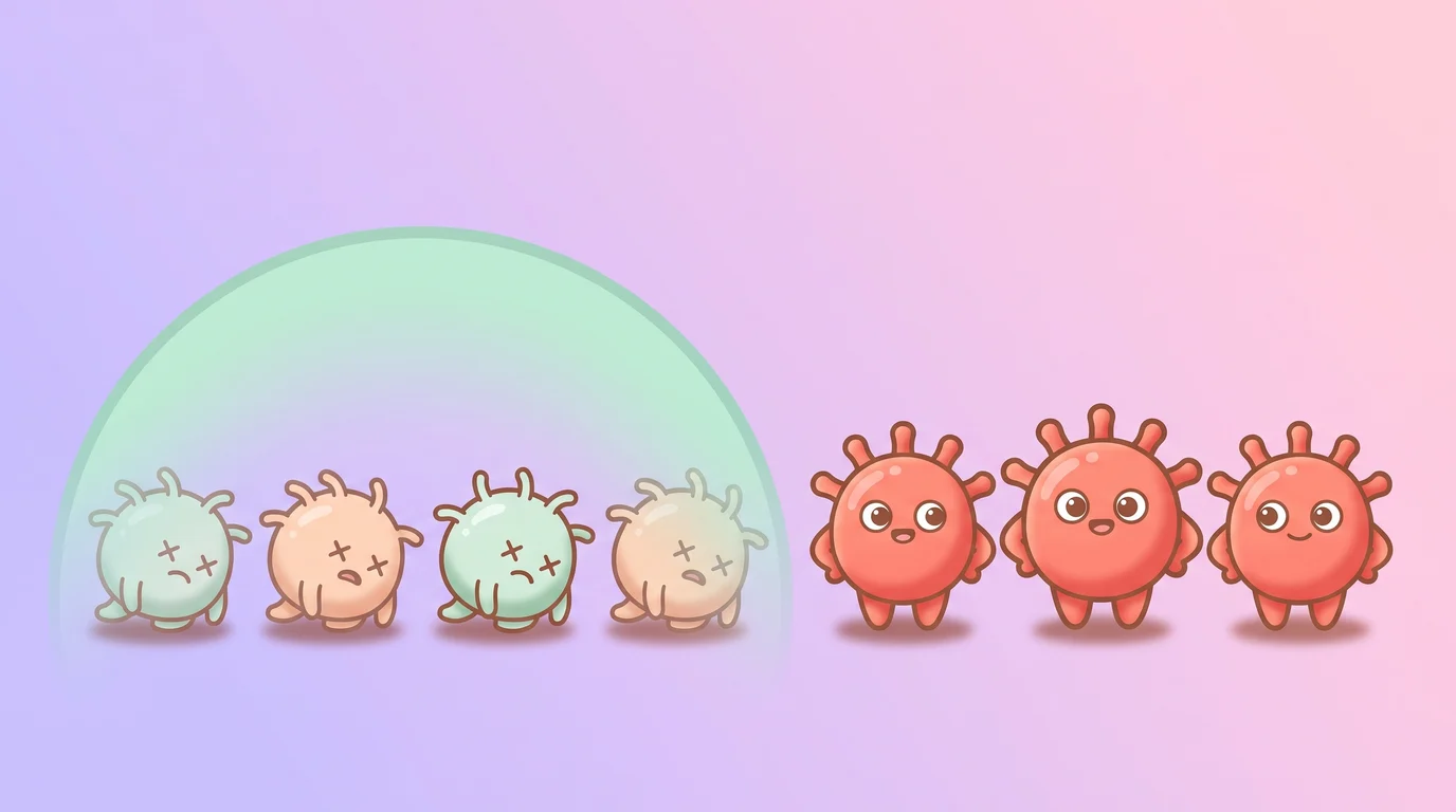 Illustration showing weaker bacteria killed off early in an antibiotic course while the strongest, most resistant bacteria survive