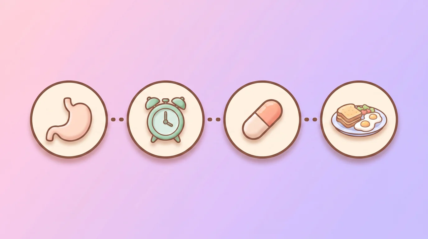 Sequence showing an empty stomach, a waiting period, a capsule, and then a meal