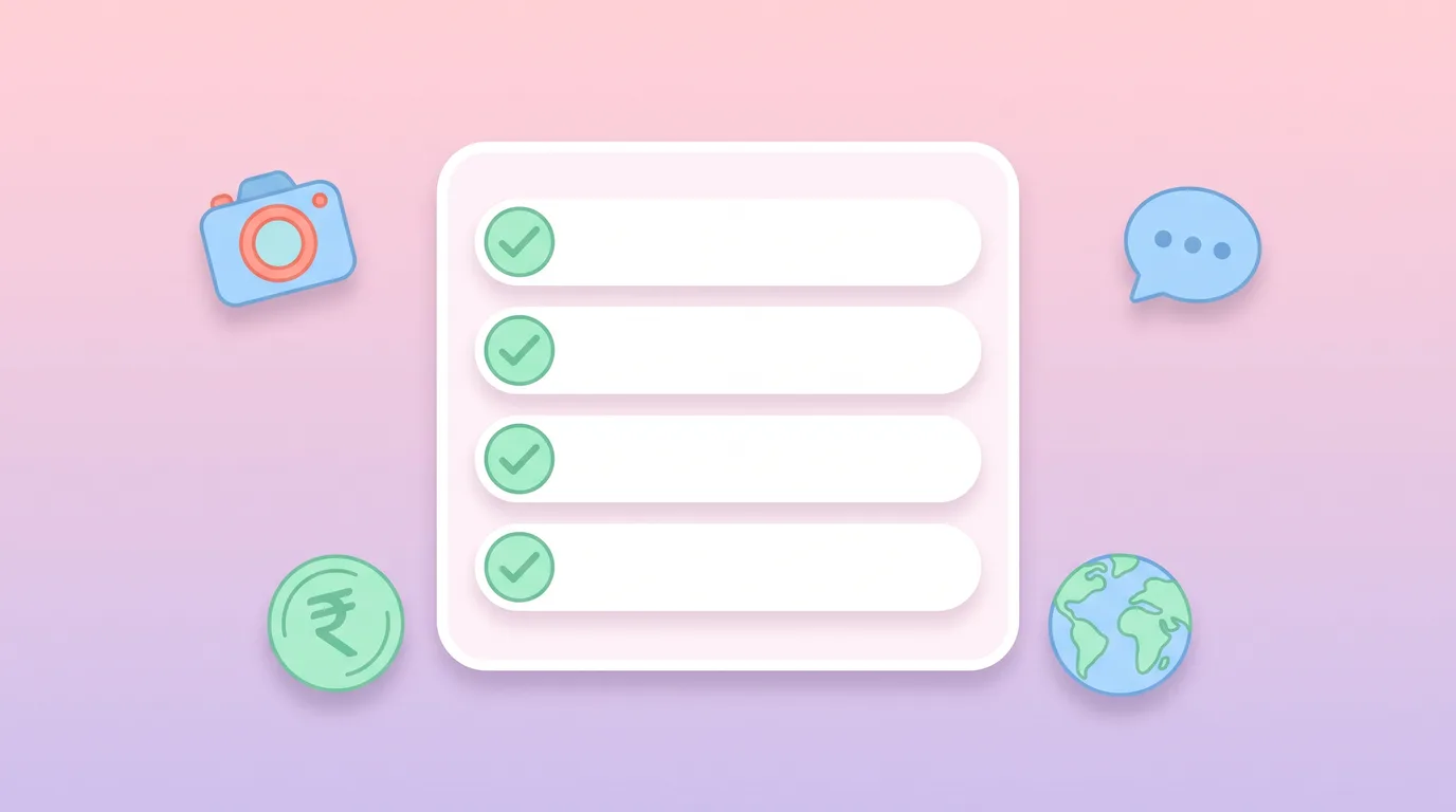 Checklist icons representing photo-based setup, chat confirmation, pricing, and language support across reminder services