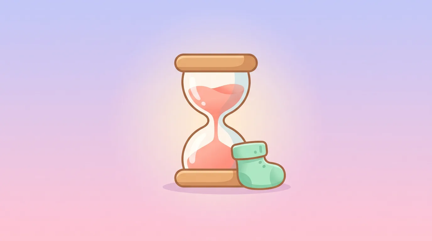 Illustration of an hourglass beside a small baby bootie.