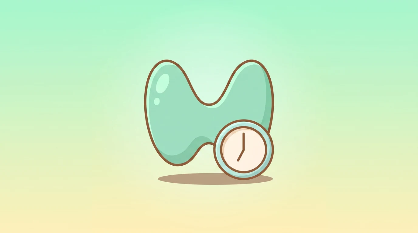 Illustration of a butterfly-shaped thyroid gland beside a small clock face.