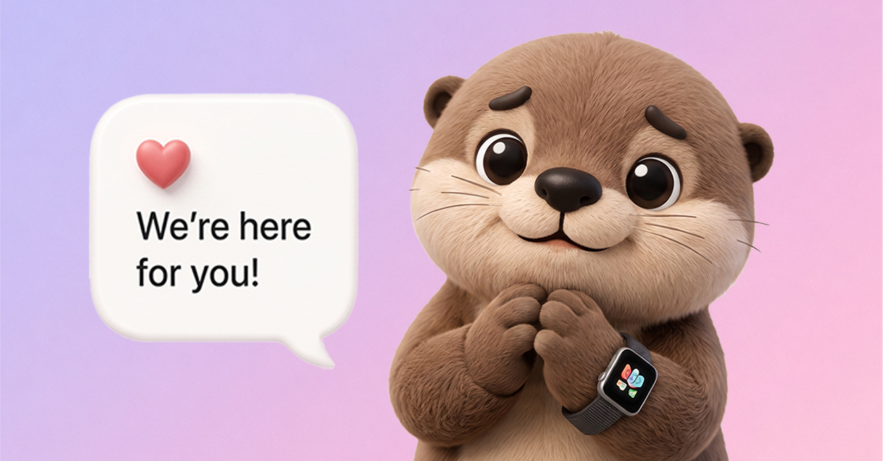 Pillo the otter with hands together, saying we're here for you