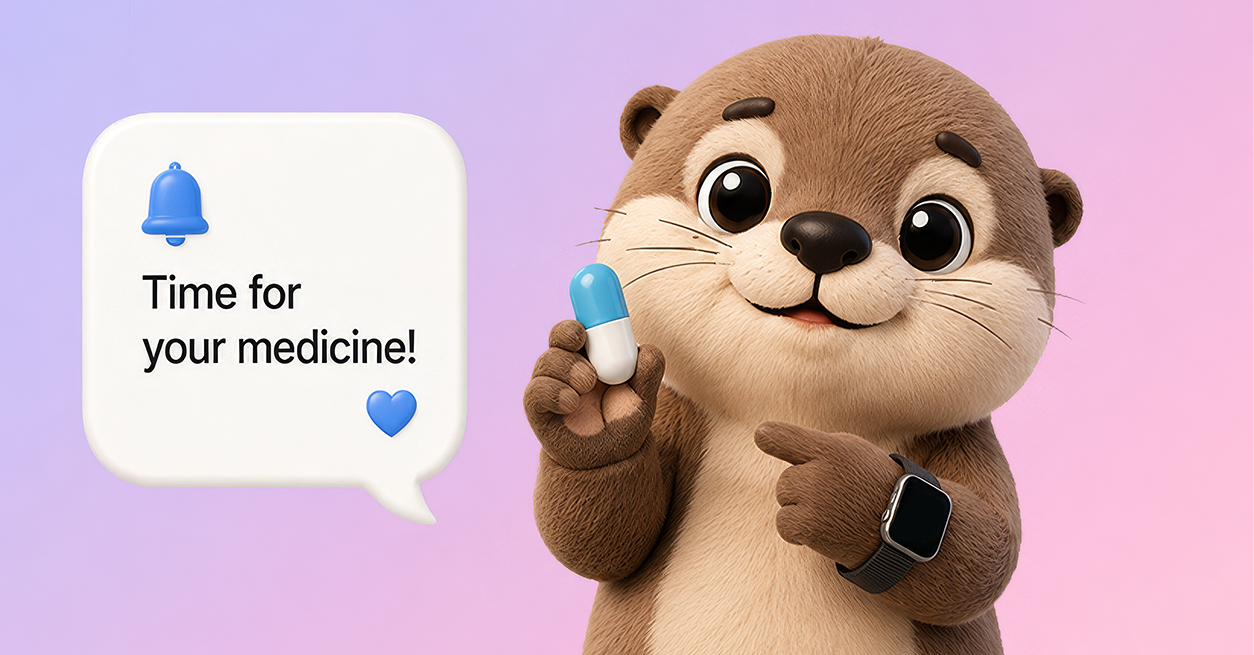 Pillo the otter holding a pill, reminding you it's time for your medicine